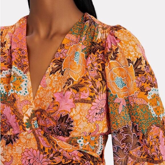 A.L.C. Samara Silk Floral Cropped Top Orange Pink Long Sleeve Blouse size 00 - Picture 13 of 13